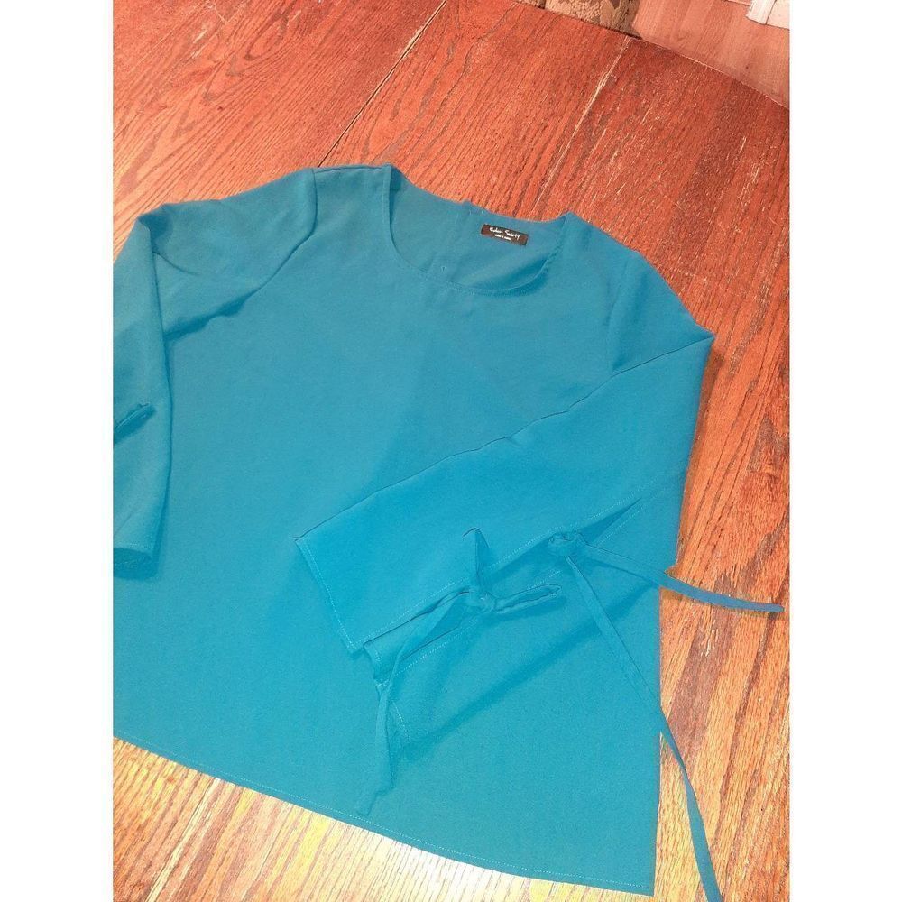 Large Eden Society Teal Long Tie Sleeve Round Neck Blouse Top Shirt